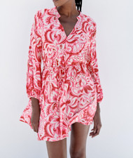 Zara Pink & White Floral Printed Mini Dress with Plaited Tie Belt Size Small NEW