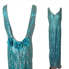 80s Teal Green Vtg Prom Lace Overlay Dress Mermaid Hem, Sleeveless Fitted Small