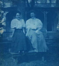 C1906 RPPC Cyanotype 2 Ladies Sitting on Bench in Front of House Postcard