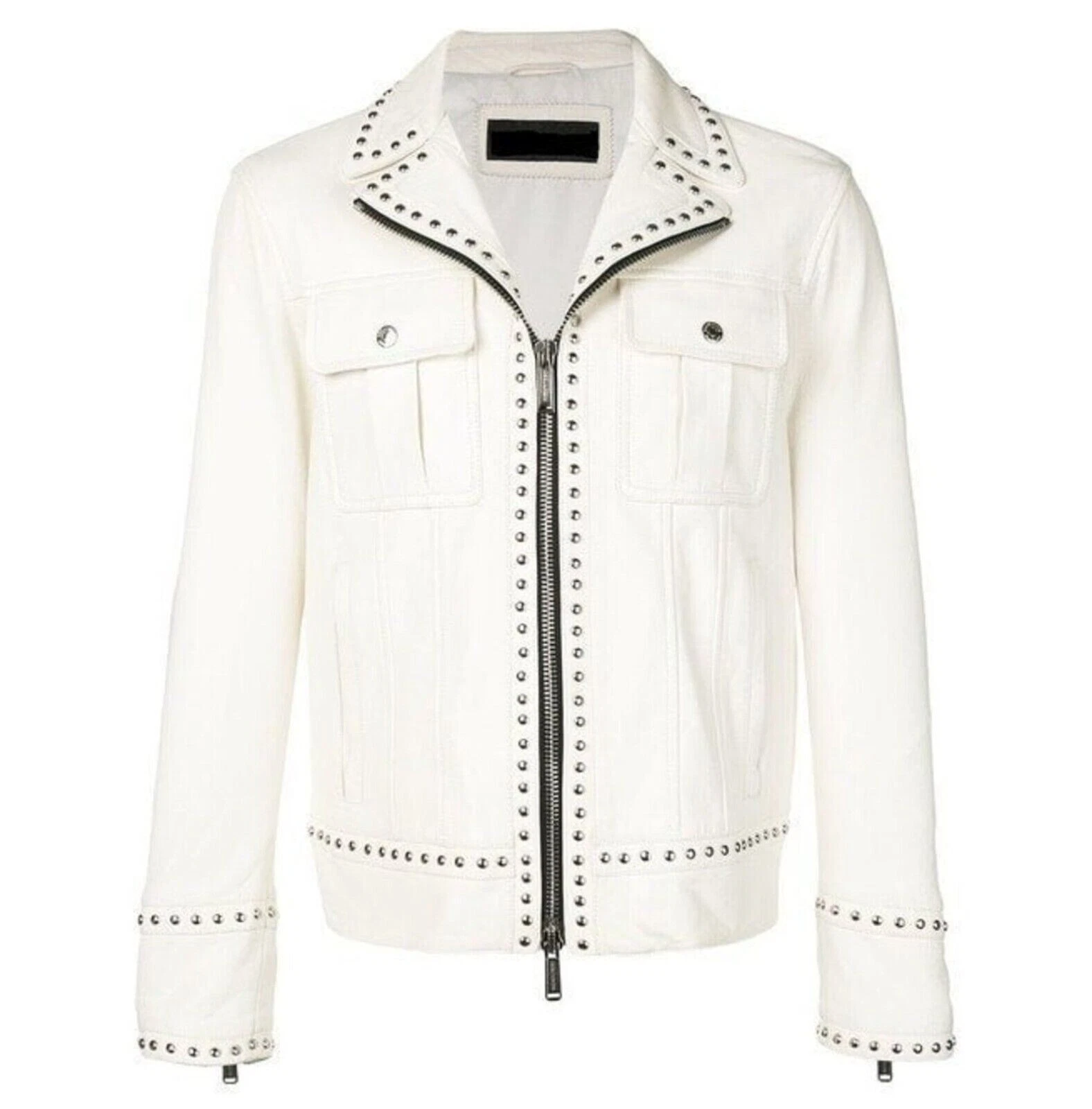 White Leather Jacket Men Pure Lambskin Biker Moto Size XS S M L XL XXL 3XL