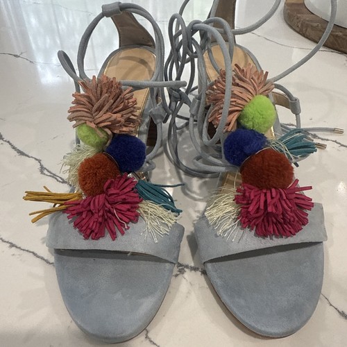 ZARA Leather Lined Blue Pom Pom Sandals SIZE 39 / 8 As New - Picture 5 of 10