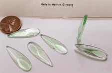 6 VINTAGE GERMAN GLASS PERIDOT CRYSTAL GIVRE 27x8mm. FACETED DROP CABOCHONS 4464