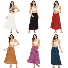 Women Mid Waist Long Maxi Skirts Rayon Lurex Skirt with Elastic Waistband
