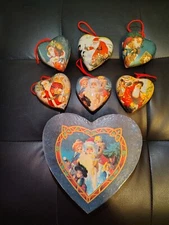Vintage Heart Shaped Paper Mache Ornament Set