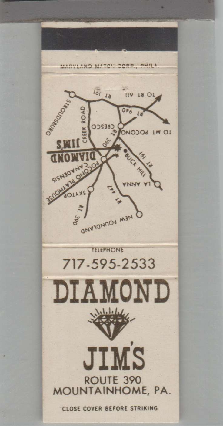 Matchbook Cover Pennsylvania Diamond Jim's Mountainhome, PA eBay