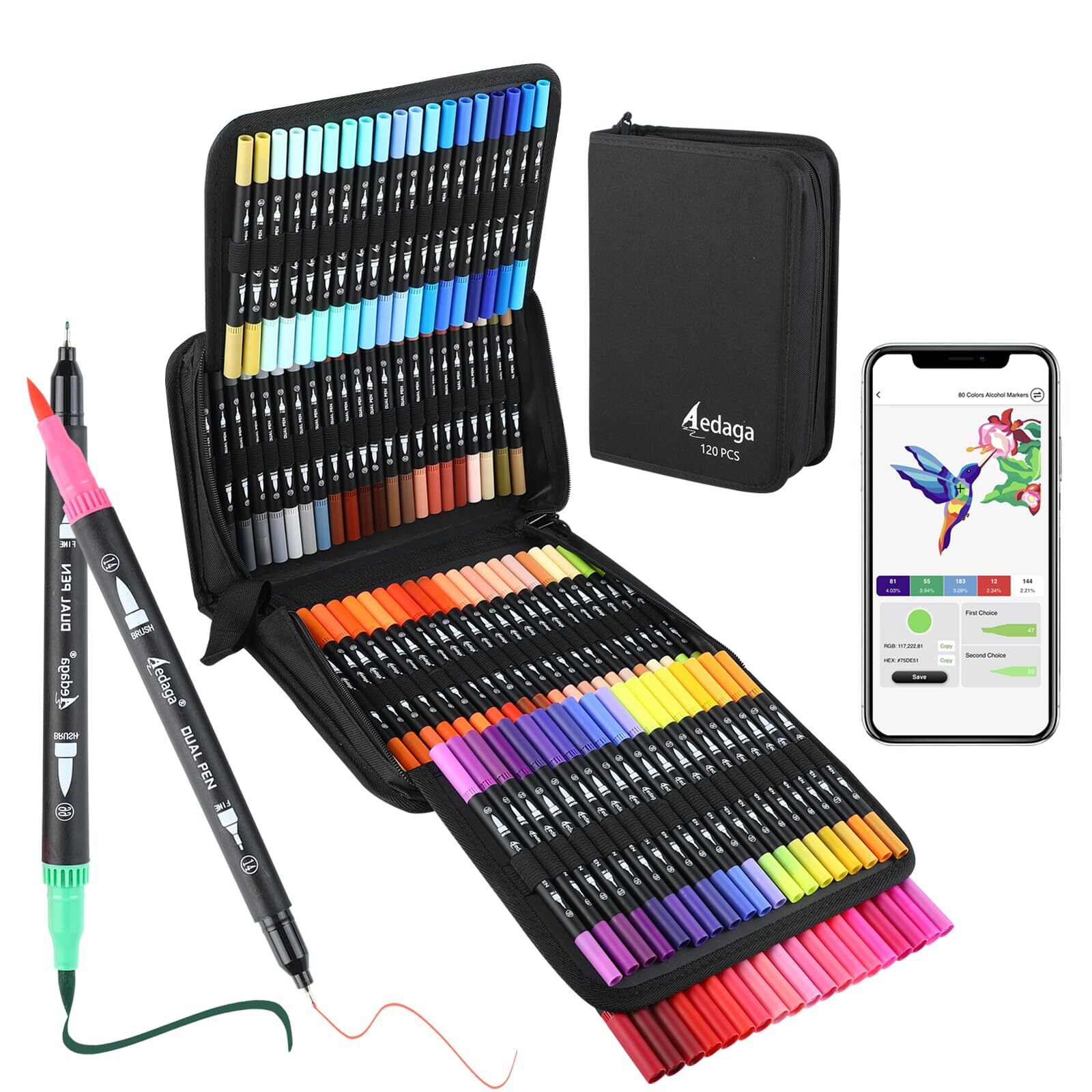 120 Colors Numbered Dual Tip Brush Pens with Free App, Fine and Brush Tips Pe...