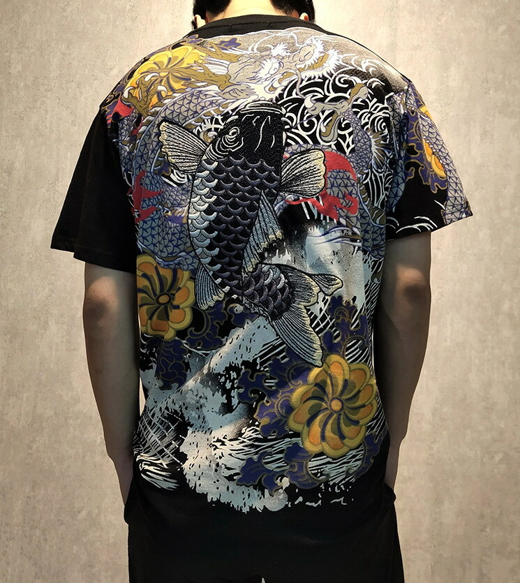 Mens T-Shirt Japanese Pattern Embroidery Ukiyo-e Carp Koi Mens T-Shirt Japanese Pattern Embroidery Ukiyo-e Carp Koi