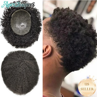 Afro Curly Black Men Toupee Hairpiece Full Poly Kinky Curly Human Hair PU system