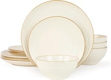 Image of 12pc Stoneware Dinner Set Cream White Gold Rim Plates Bowls Dishwasher Safe