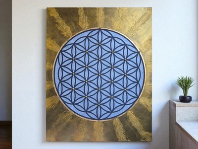 Großes Blume des Lebens Kunstwerk Original auf Leinwand 100x80cm Modern & Edel 