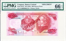 Banco Central Uruguay 500 Nuevos Pesos ND(1991) Specimen PMG  66EPQ