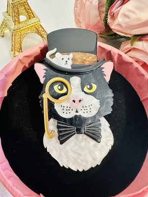   Brosche Katze schwarz Gentleman Monokel Top-Form Vintage Stil Resin 