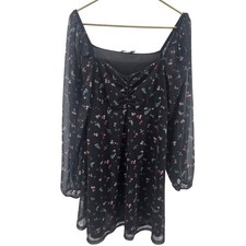 ASOS DESIGN Mini Dress Women 12 Black Floral Mesh Ruched Square Neck Long Sleeve