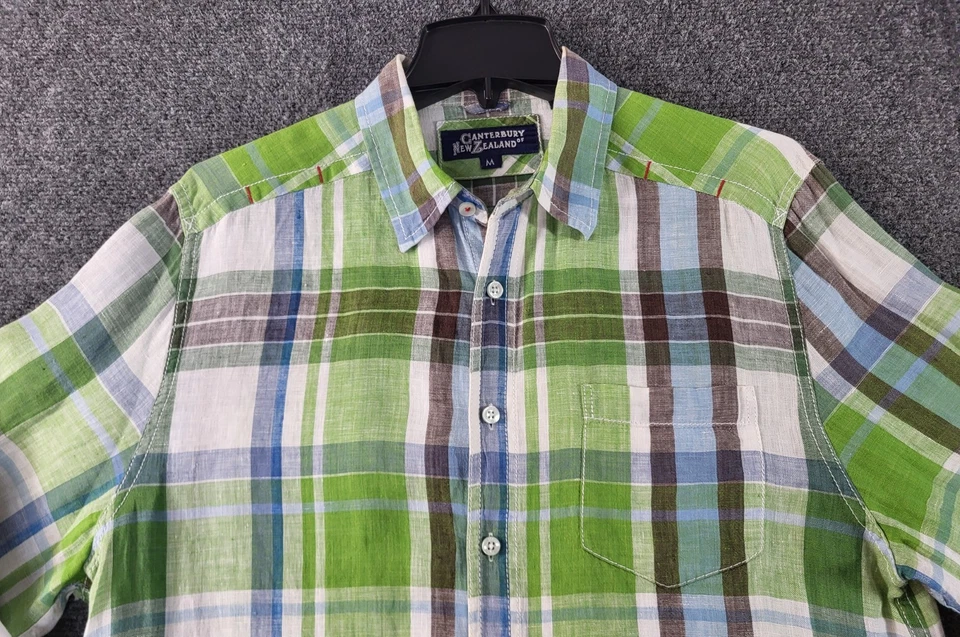 Canterbury Of New Zealand Linen Shirt Men M Grn/Multi Plaid Long Sleeve Roll Tab - Image 2 of 4