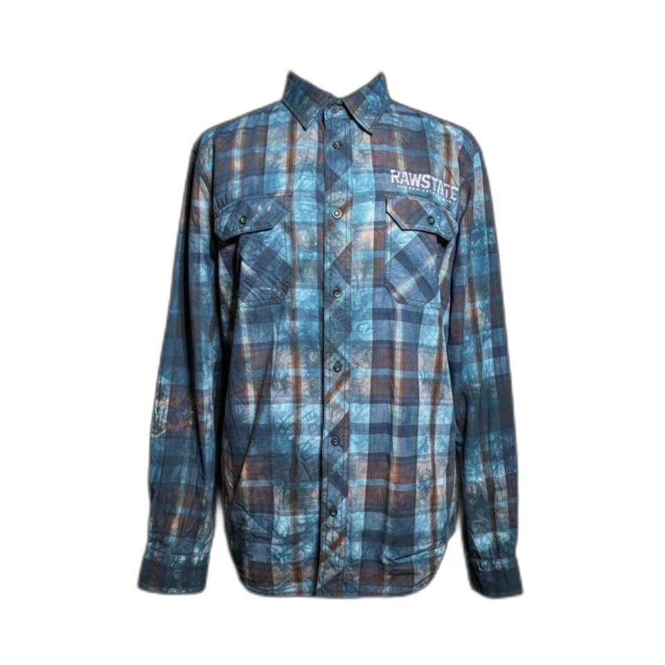 Raw State Shirt Men's XL Blue Button Up Spell Out Logo Plaid Biker Rock - AC - Image 3 of 4
