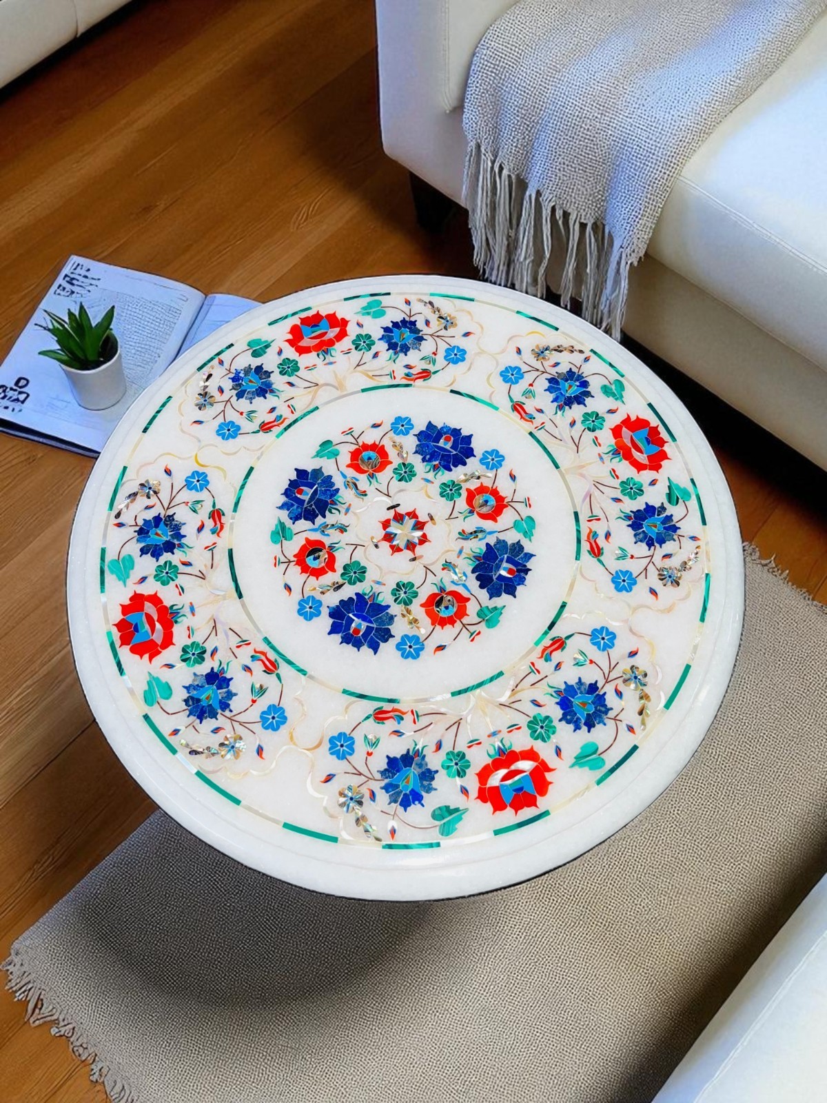 30 Inch Round White Marble Coffee Table with Floral Stone Inlay Garden Art Design
