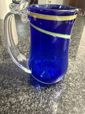 Hand Blown Blue Glass Mug Large 5.75  Tall Bottom Diameter 3.5  Signed