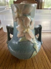 Vintage Roseville Pottery Clematis Vase 108-8 in Ciel Blue Double Handles 8.5" T