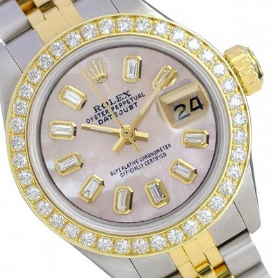 Rolex Datejust Ladies TwoTone Gold Steel Pink Mother of Pearl Baguette Watch