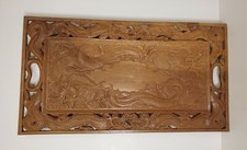 Vintage Asian Hand Carved Wood Tray Dragon Design