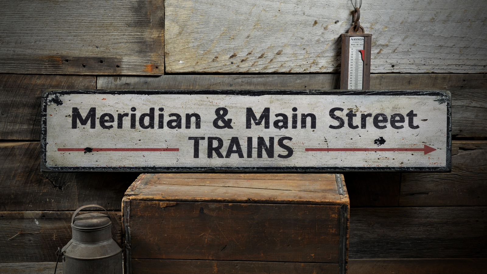 Trains Arrow, Custom Street Name Train - Rustic Distressed Wood Sign