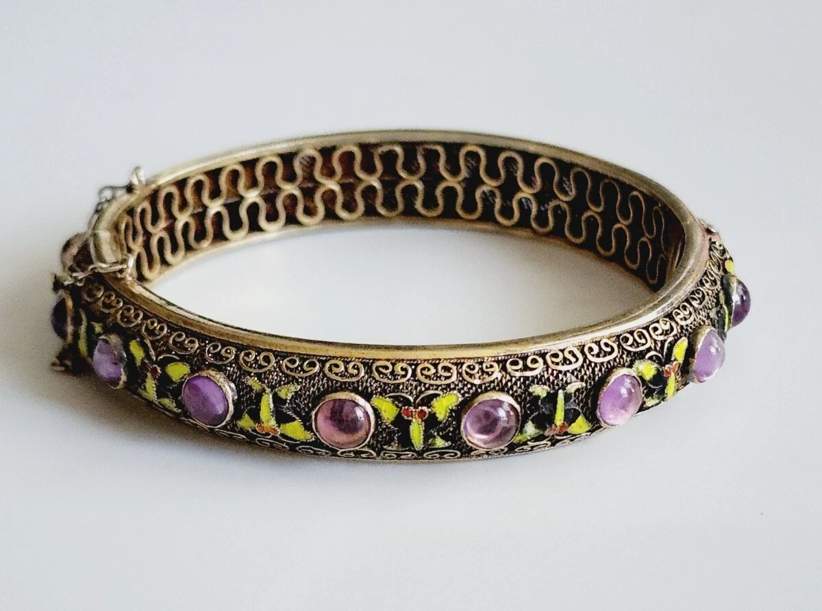 Antique Enamel Chinese Sterling Silver Filigree Enamel Amethyst Bangle Bracelet