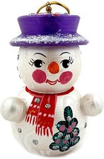Hand Painted Handmade Wooden Snowman With a Hat Christmas Ornament 3 1/4 In