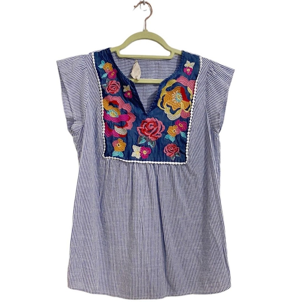 Savannah Jane Blue Stripe Floral Embroidered Blouse Sz M eBay
