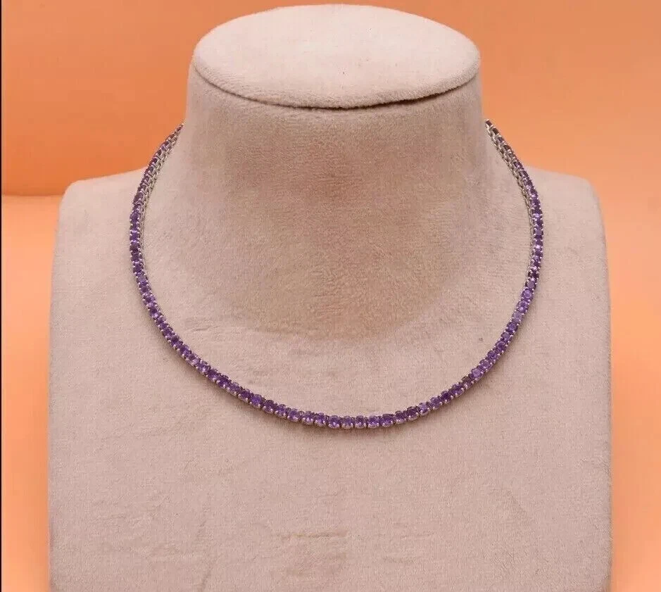 3MM Round Lab Created Amethyst Women's Tennis Necklace 14K White Gold Plated 18" - Image 3 of 4