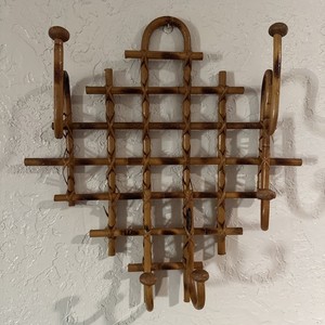 Vintage Mid Century 18x17 Inch Blonde Burnt Rattan 5 Hook Wall Coat Hat Rack