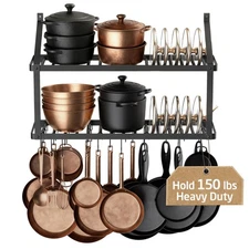 150 lb High-Capacity Pot Rack Wall Mounted with Pot Lid Holder, 34 Inch Heavy...