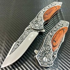 8.5 Red Wood Flower Engraved EDC Tactical Spring Assisted Open Pocket Knife