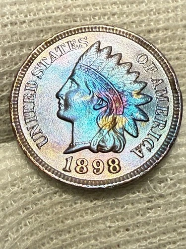 1898 Indian Head Cent Penny Lustrous BU High Grade + Toned Blue Hue