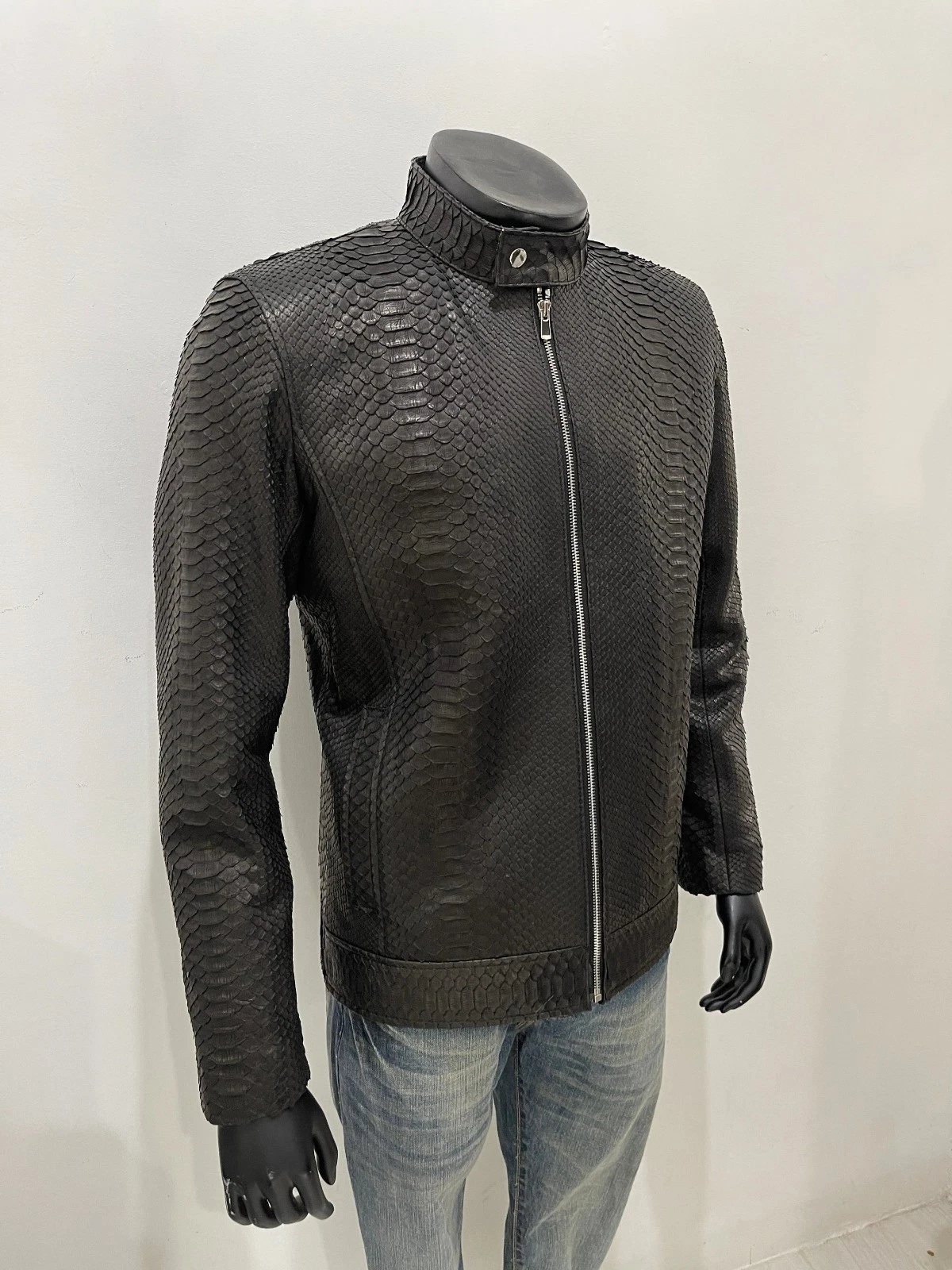 Men's Genuine Lambskin Python Snake Leather Bomber Jacket Black Luxury Coat