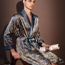 Men Robe Pajama Long Sleeve Kimono Bathrobe Gown with Pocket Luxury Print Male S