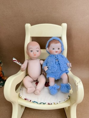 Lot of 2 Vintage Bye-Lo Baby Miniature Reproduction one in Blue Knitted Suit