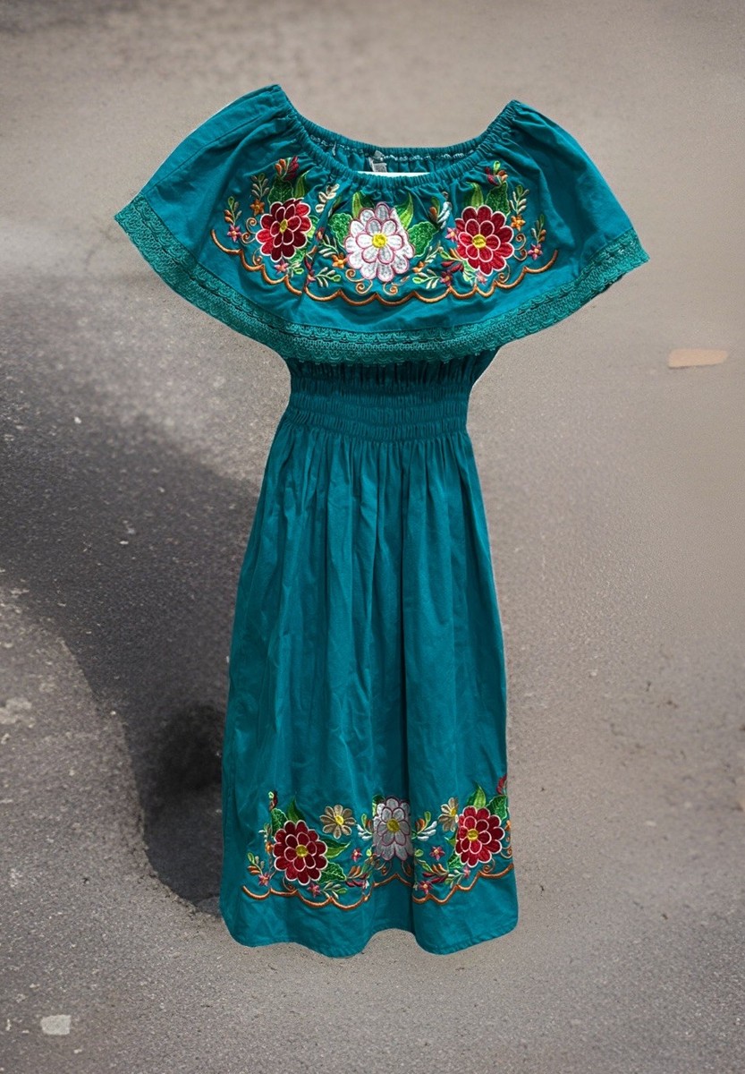 Vintage turquoise Embroidered Off Shoulder Mexican Floral Summer Peasant Dress