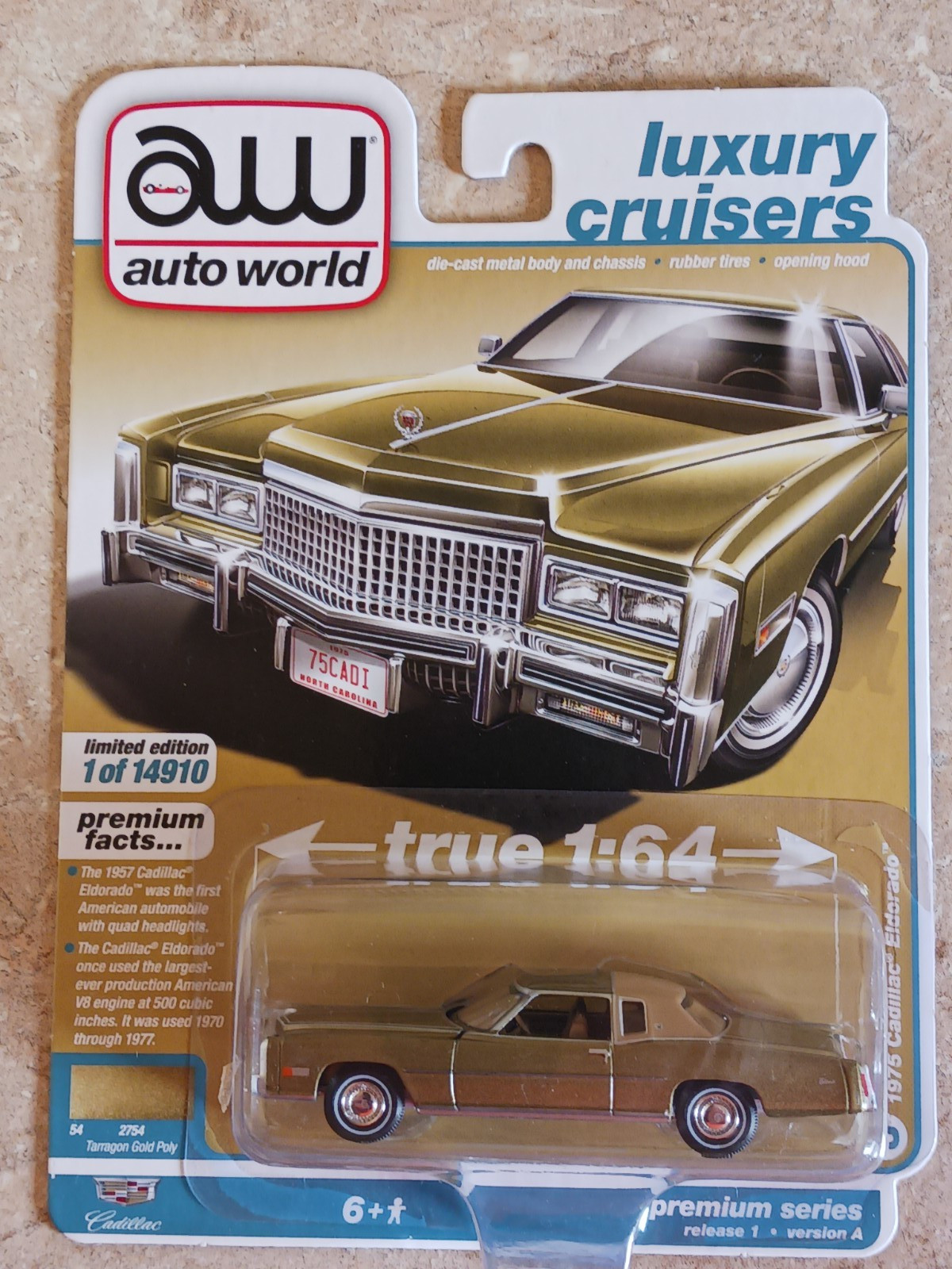 AUTO WORLD 1/64, 1975 Cadillac Eldorado, TARRAGON GOLD POLY, MOMC, Best Color!