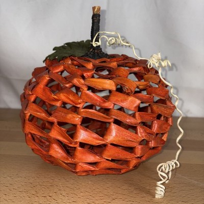 Woven Rattan Orange Pumpkin 9  Fall Harvest Decor w Stem & Leaf Vine