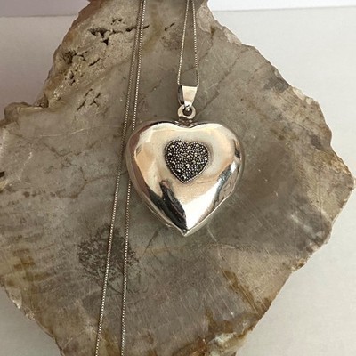 Sterling Silber 925 hohl aufgeblähtes Herz Markasit Anhänger Halskette 24'' Box Kette