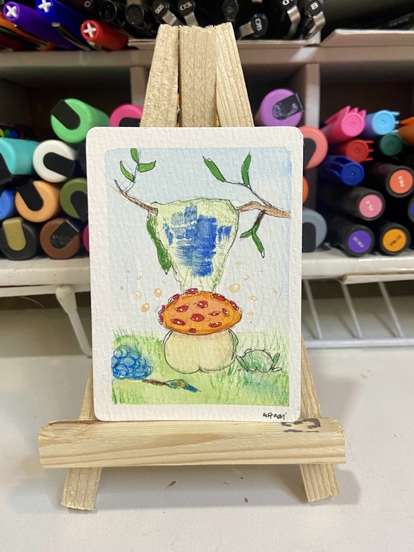 Aceo Original Painting Watercolor Mushroom Painter 2.5 x 3.5 Melissa Stagi