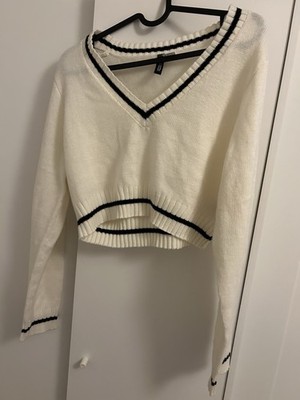 H&M Divided kurzer Pullover Weiß Schwarz V-Ausschnitt Cropped Größe L