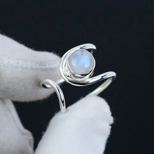 Natural Rainbow Moonstone Handmade 925 Sterling Silver Adjustable Ring Jewelry
