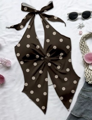 Y2K Trendy Polka Dot Boho Halter Tank Top Women Size Large Twisted, cross-front