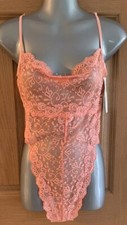 Vintage 80s Fantasy Lingerie Peach Lace Teddy USA New Sz Large