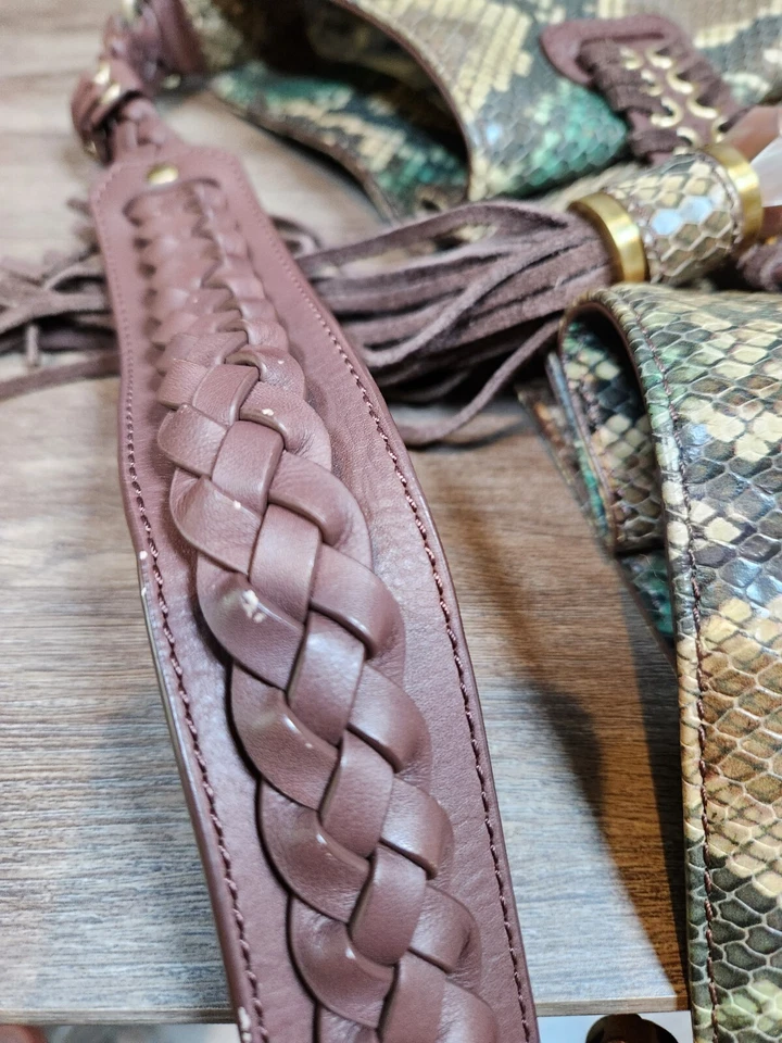 Rafe New York Python Leather Embossed Large Hobo Tote Shoulder Bag Tassel Brown - Image 4 of 4