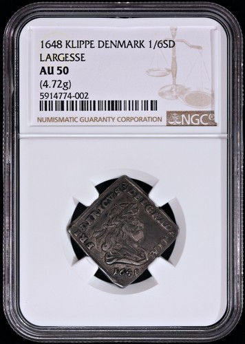 1648 Klippe - 1/6 Speciedaler Denmark - NGC AU 50 - Largesse Coinage - KM#160 - Picture 2 of 5