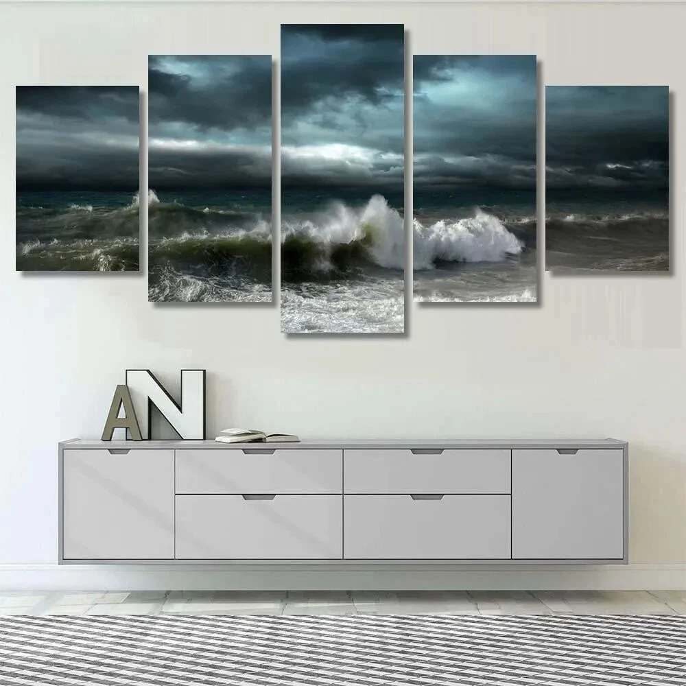 Stormy Sea Waves Dark Sky Clouds Seascape 5 Piece Panel Canvas Wall Art Decor