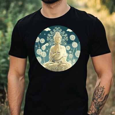 Mens Buddha Dandelion Print Cotton T-Shirt Size XS to 5XL