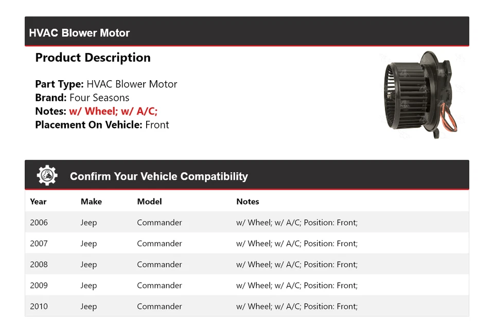 Motor soplador delantero 4 estaciones 2007 2008 2009 Jeep Commander 2006-2010 Foto 2 de 4
